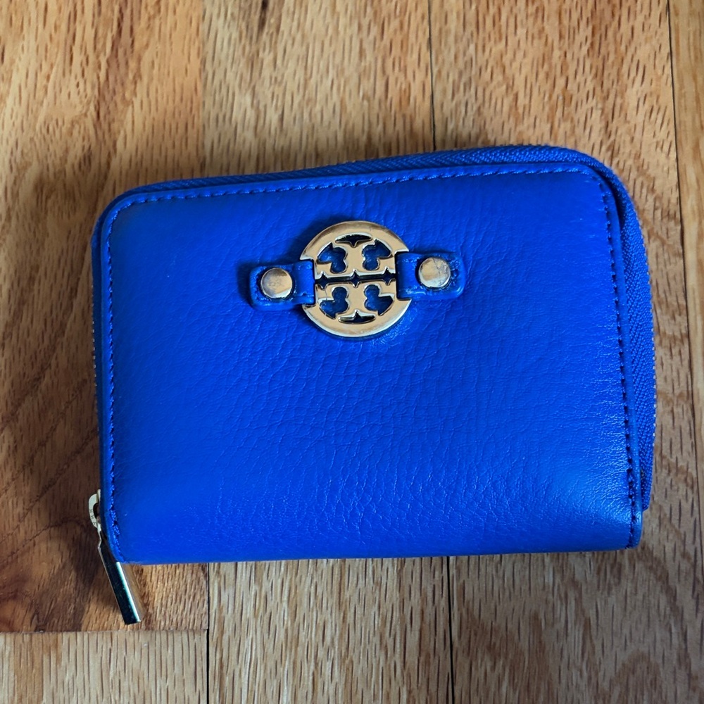 Blue Leather Wallet with Gold Logo